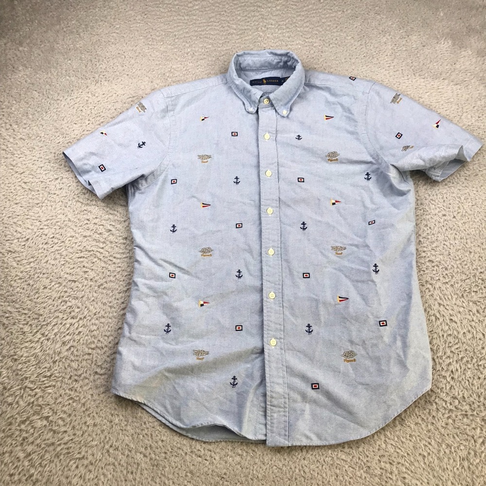 Ralph Lauren Shirt Mens M Blue Chambray Nautical Sailing Embroidery Button Down